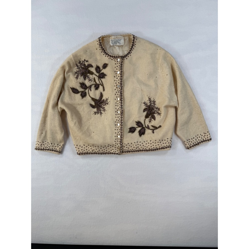 Frances Fashions 38 Cardigan Vintage 50s Beaded Lambswool Angora Floral Cream